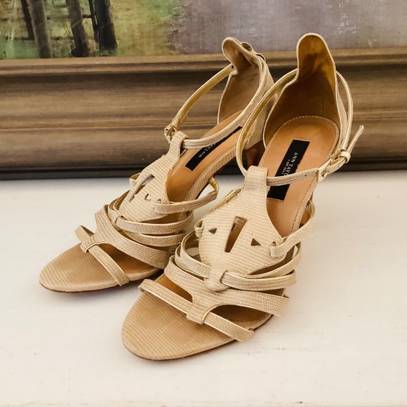 Ann Taylor Holly Gladiator Hight heels Beige Snakeskin 7.5 M Neutral Summer FLAW - Picture 16 of 16